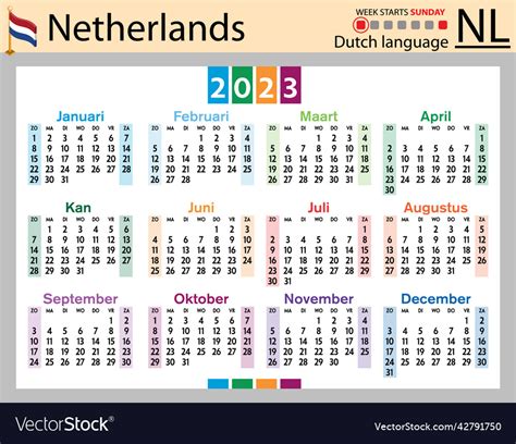 Dutch Horizontal Pocket Calendar For 2023 Week Vector Image