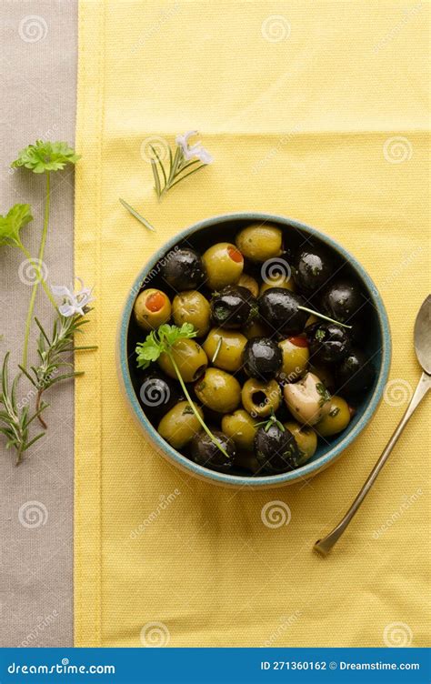 Black And Green Olives In A Bowl Delicious Marinated Olives Top View