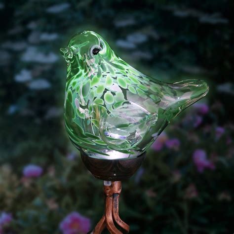 Exhart Solar Green Hand Blown Glass Bird Yard Stakes Bird Garden Stake W Solar Led Lights In