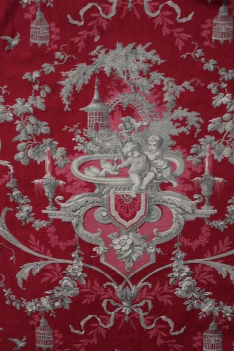 Antique Rococo French Red Printed Fabric 1870 Grey Toile Grey Gray