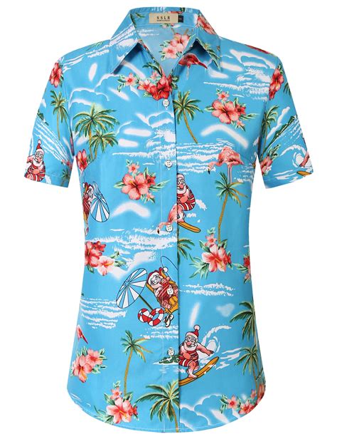 SSLR Women Santa Claus Ugly Hawaiian Christmas Shirts Tropical Aloha Beach Shirt Button Down