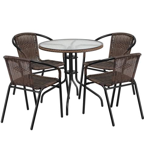 Table 30' h x 36' x 24'; 28'' Round Glass Metal Table W/ Brown Rattan Edging & 4 ...