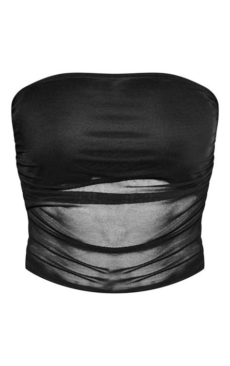 Top Bustier En Mesh Froncé Noir Prettylittlething Fr