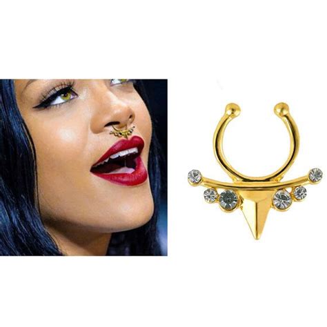 Faux Rihanna Style Septum Ring Tribal Art Faux Septum Piercing Gold Toned And Cubic Zirconia