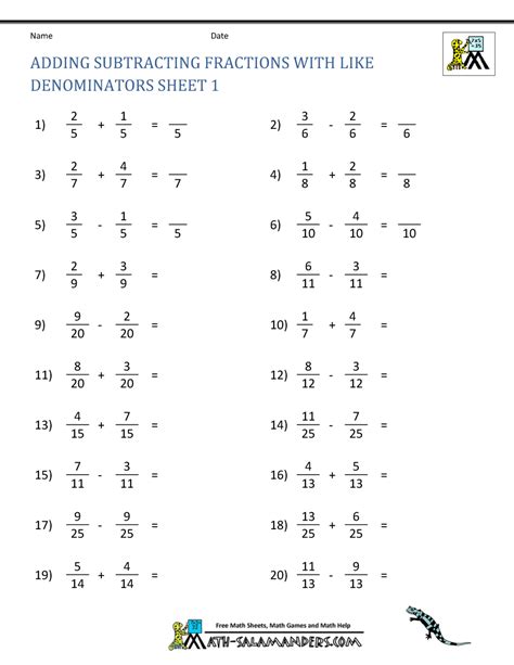 Adding And Subtracting Fractions Worksheets