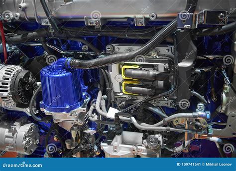 Close Up New Truck Diesel Engine Motor With Different Parts Details