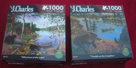 2 New J Charles Jigsaw Puzzles 1000 Piece Trouble At The Campfire Lake