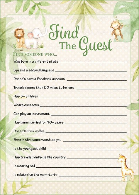 Find The Guest Baby Shower Game Safari Baby Shower Theme For Baby Boy