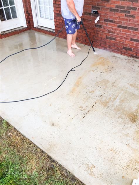 For stubborn stains, use muriatic acid in combination with your pressure washer set to at least 1200 psi. How to Paint a Concrete Patio | The Turquoise Home