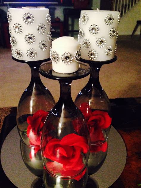 Wine Glass Centerpiece With Rhinestone Candles Wine Glass Centerpieces Wine Glass Candle