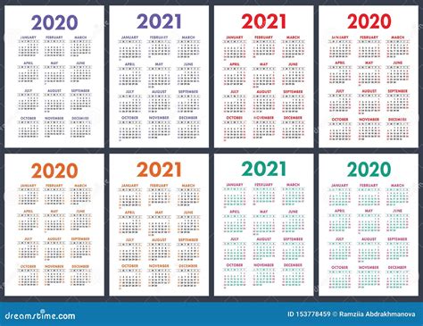 Calendario 2020 2021 Aos Sistema Colorido Del Vector Comienzo De La Semana El Domingo