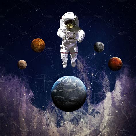 Abstract Cosmos Art With Astronaut High Quality Education Stock