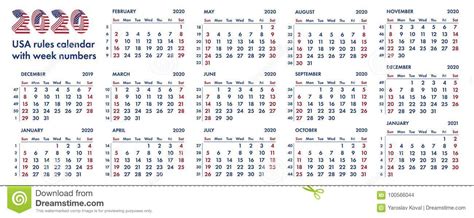 2020 American Calendar Weeks Illustration Stock Illustration