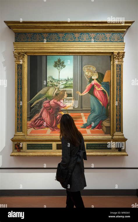 Florence Italy Uffizi Gallery Visitor Looking At The Annunciation