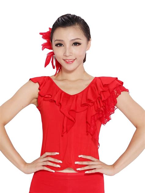 Latin Dance Tops Womens Training Lace Viscose Ruffles Short Sleeves 412711 2023 2499