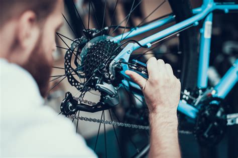 Bike Mechanic Repairs Bicycle In Workshop Stock Photo Download Image