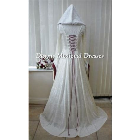 Medieval Pagan Wedding Hooded Dress Cream And Burgundy Medieval Dresses