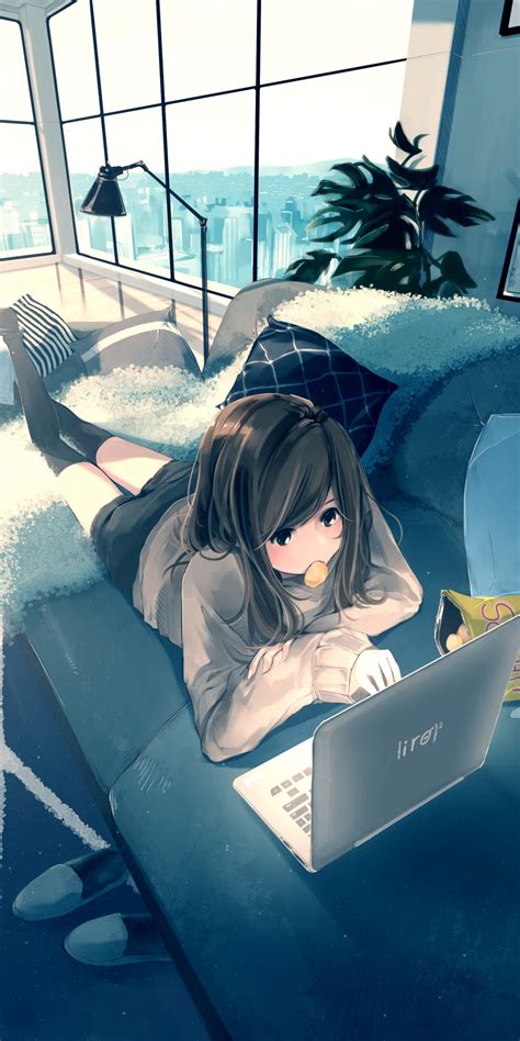 Download Wallpaper 1080x2160 Laptop Anime Girl Relaxed Original Art
