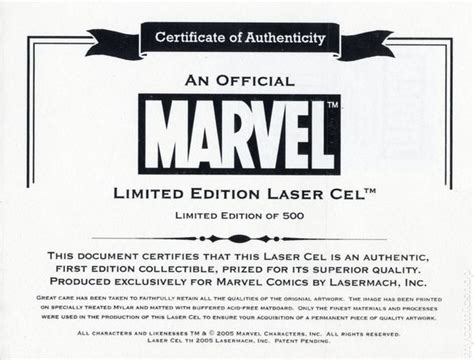 Official Marvel Limited Edition Laser Cel 2005 Lasermach Comic Books