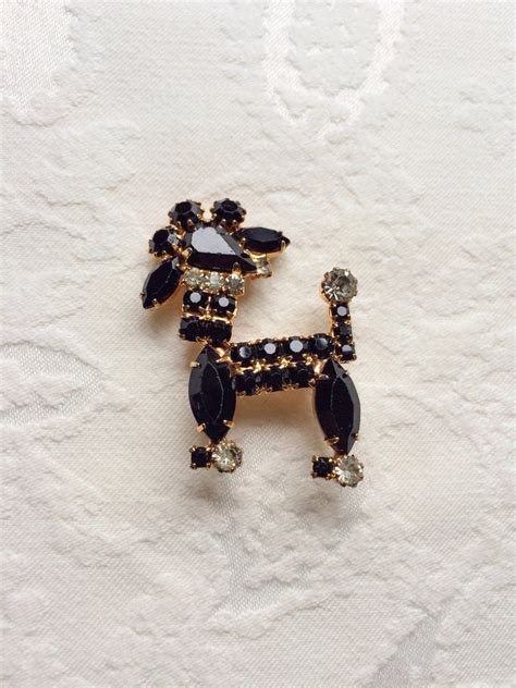 Vintage 1950s Poodle Pin Brooch Black Rhinestone French Black And Gold