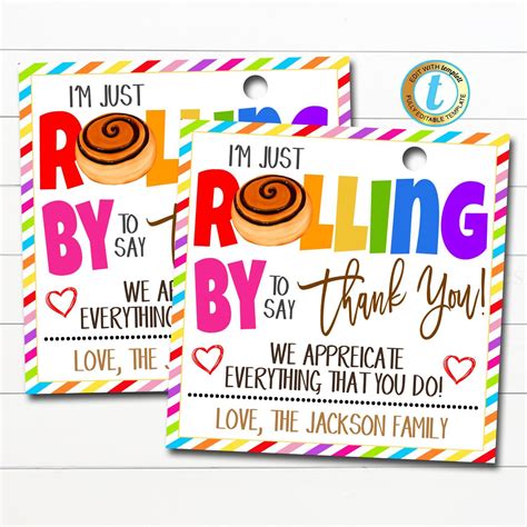 Cinnamon Roll T Tag Rolling By To Say Thank You Editable Template