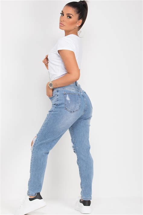 Womens Light Wash Ripped Mom Jeans High Waisted Uk