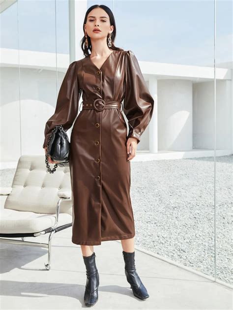 Lantern Sleeve Button Up Belted PU Leather Dress SHEIN USA Leather