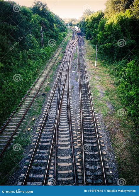 Ferrocarriles Con Salida Del Tren Rieles Ferroviarios Imagen De Archivo