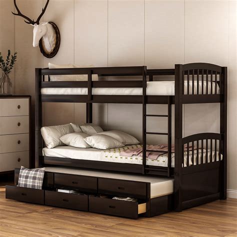 Twin Over Twin Wood Bunk Bed With Trundle And Drawers Cool Toddler Beds
