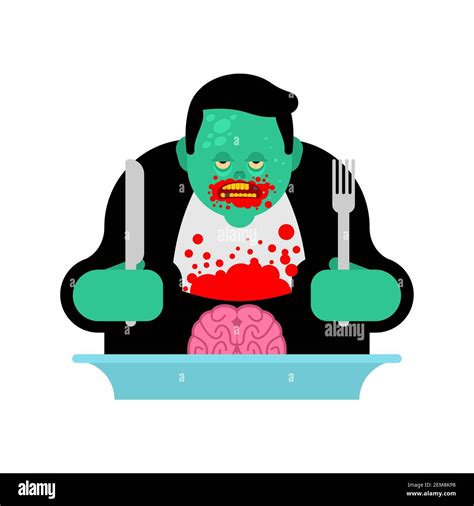 Zombie Eating Brains From Plate Vector Illustration Stock Vector Image