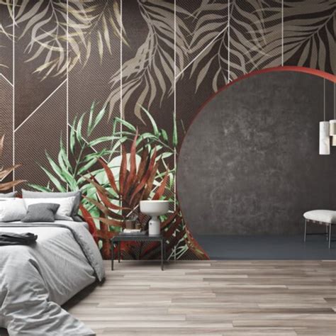 Tropical Leaves Geometric Wallpaper Mural Silk Interiors Wallpaper