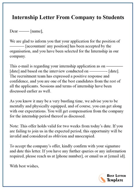Internship Acceptance Letter Template Format Sample And Example