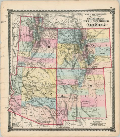 County Map Of Colorado Utah New Mexico And Arizona Curtis Wright Maps