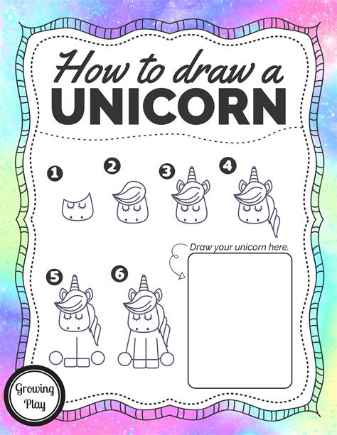 Learn how to draw this cute cartoon narwhal known also as the unicorn whale of the sea. How to Draw a Unicorn - Free Printable - Growing Play