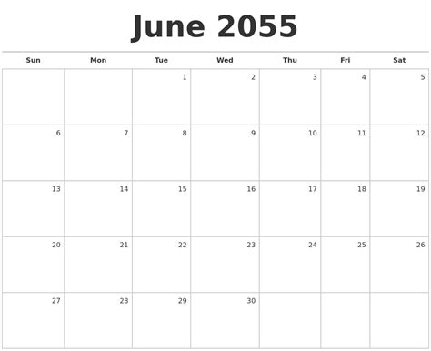 June 2055 Blank Monthly Calendar