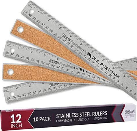 Breman Precision Metal Ruler 12 Inch Stainless Steel Cork Back Metal