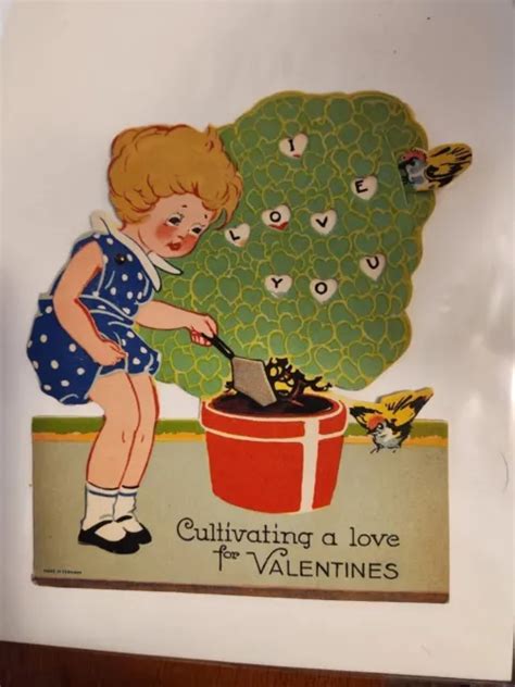 Vintage Valentine Card Girl Planting Tree Mechanical Cultivating A Love