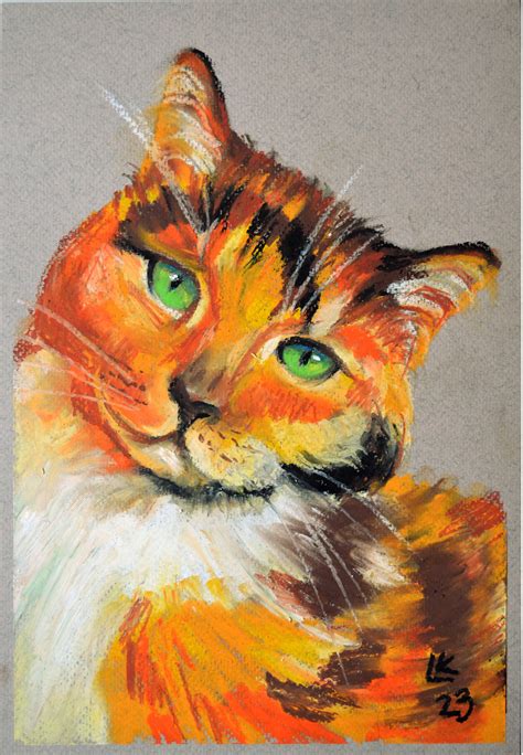 Cute Calico Cat Oil Pastel Portrait