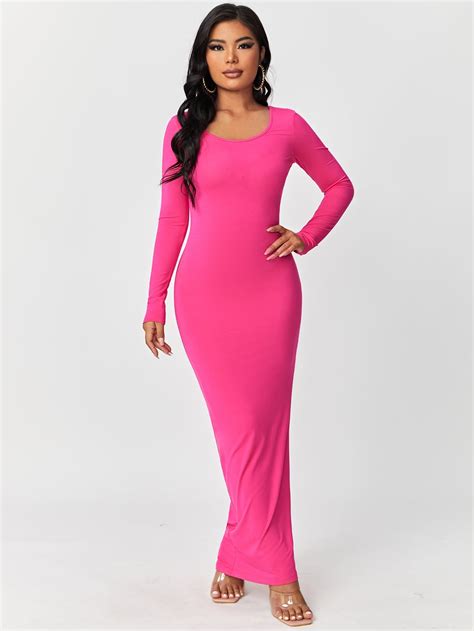 Shein Solid Maxi Bodycon Dress In 2022 Hot Pink Bodycon Dress Maxi
