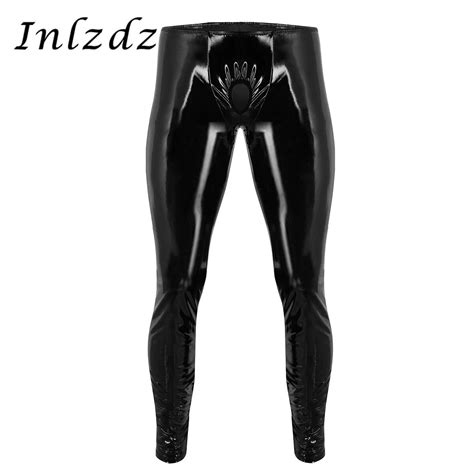 Mens Lingerie Latex Long Pants Shiny Patent Leather Sexy Tight Pants Leggings Trousers With Open