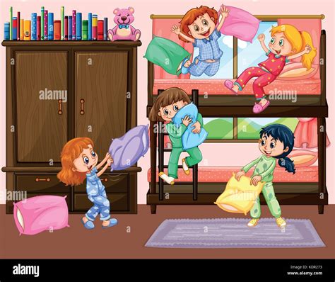 Girls Having Slumber Party In Bedroom Illustration Stock Vector Image