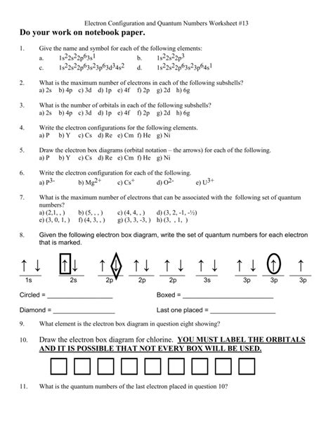 Quantum Numbers And Electron Configuration Worksheet Pdf
