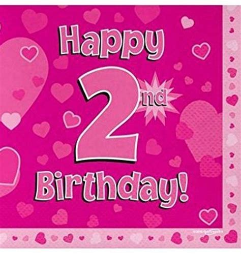 16 Pack Pink Girl 2 Today Happy 2nd Birthday Hearts Luncheon Paper