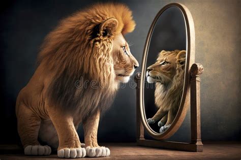 Lion Looking In Mirror And Seeing Itself As Small Cat Stock Illustration Illustration Of Wild