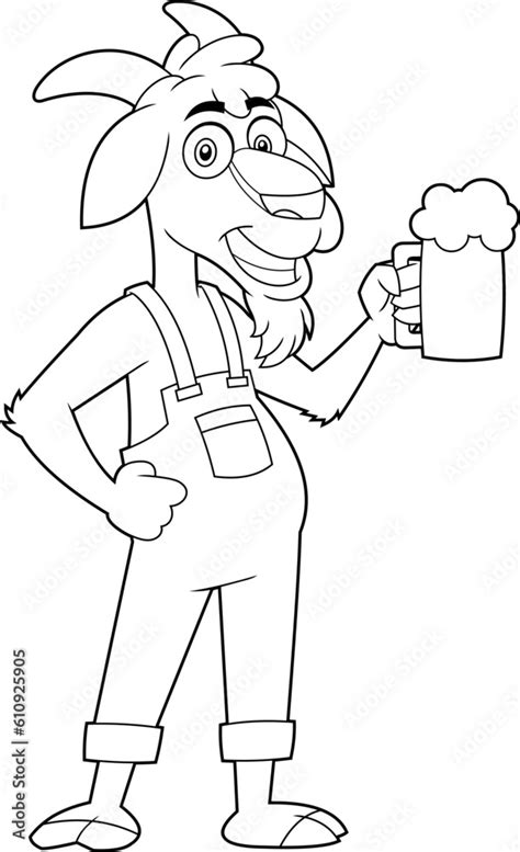 Outlined Goat Farmer Cartoon Character Holding A Glass Of Beer Vector
