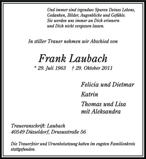 Alle Traueranzeigen Für Frank Laubach Trauerrp Onlinede
