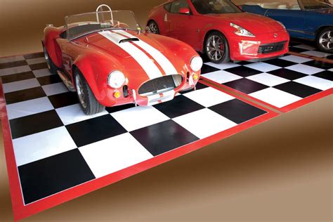 Checkered Black And White Tile Parking Pad With Red Border Rubber Garage