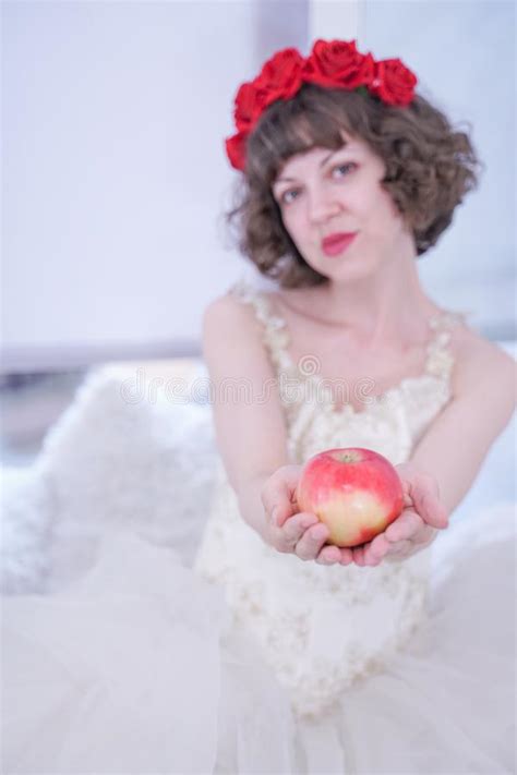 Beauty Adult Person With Red Apple Healthy Woman With Red Roses And Sweet Apple On White