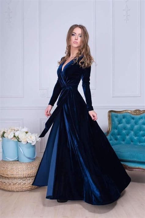 Navy Blue Velvet Dress Long Sleeve Velvet Dress Wrap Maxi Etsy