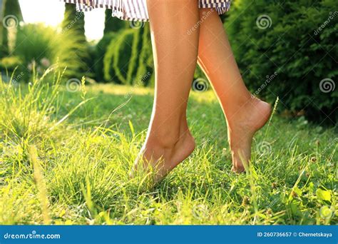 Woman Walking Barefoot On Green Grass Closeup Stock Image Image Of